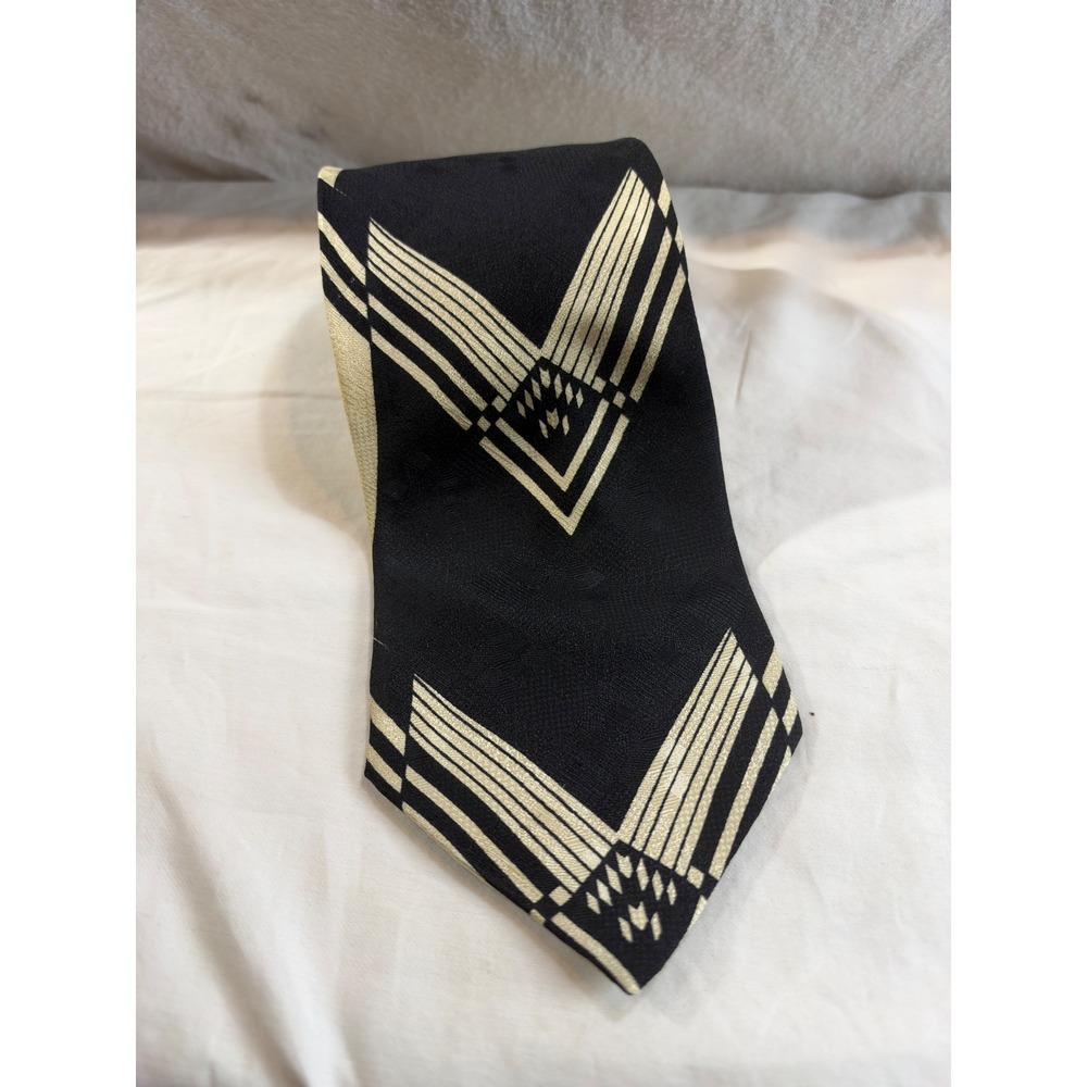 Carlo Palazzi Studio Mens Silk Tie Art Deco Geometric Black Cream Hand Made